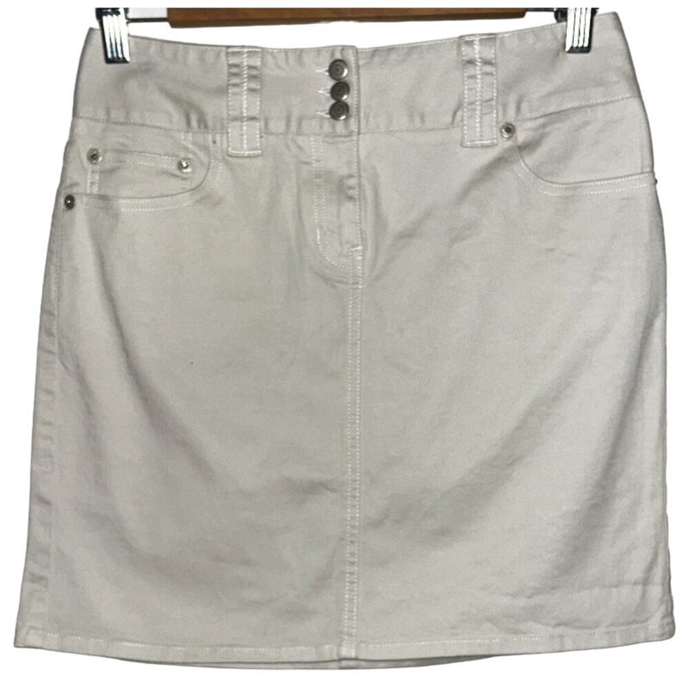 Ann Taylor LOFT Women's Beige Cotton Stretch 3 Button & Zip Front Mini Skirt